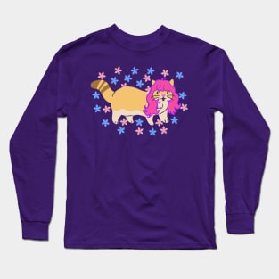 Cat Wearing a Pink Wig With Flowers Long Sleeve T-Shirt